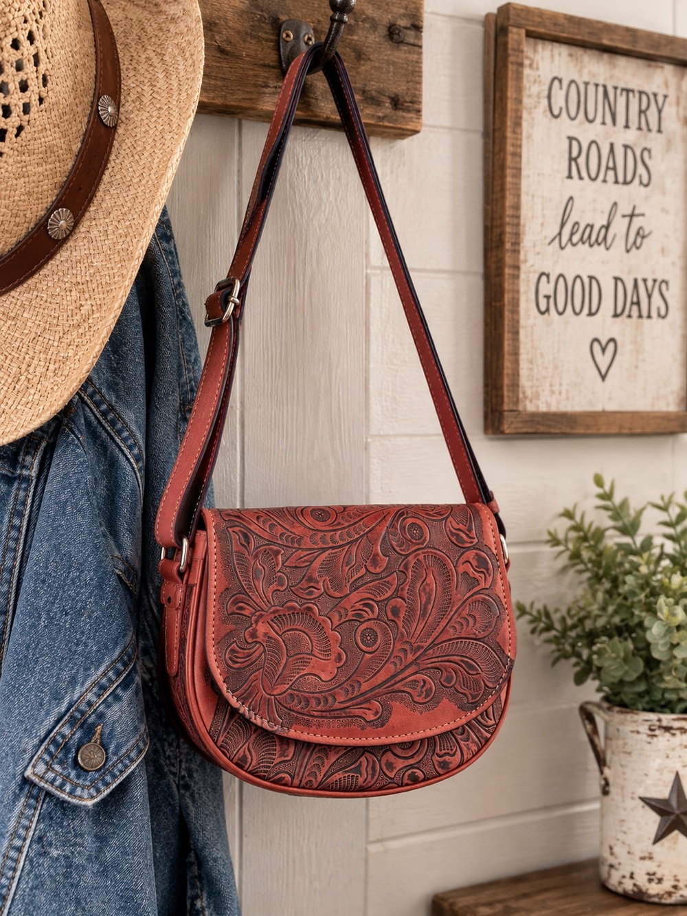 Western Tooled Floral Crossbody Purse – Brown Leather Cowgirl Shoulder Bag - Picture 2 of 7
